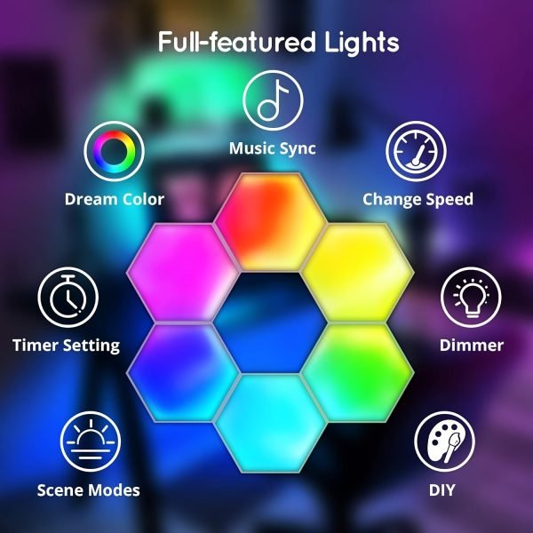 6pcs Music Sync Hexagon Lights - Smart APP And Remote RGB Wall Light Hexagonal Modular Light Honeycomb Shape Panels LED Lights For Bedroom And Study Decor