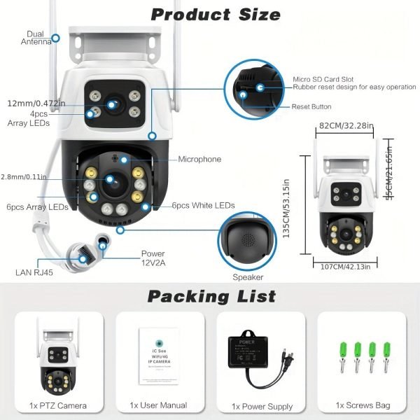 1Pc 8MP 4K WiFi Security Camera, 2 Lens 4MP Total 8MP 2.4ghz Wireless IP Camera, Video Surveillance For Home Security CCTV Monitor, AI Human Tracking, Color Night Vision, Two Way Audio, Motion Alert, Pan Tilt Rotation Onvif Function, Prevent Rainwater Dam