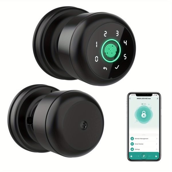 GHome Smart Fingerprint Door Lock with Keypad Door Knob, Biometric Door Smart Lock & App Control, Suitable for wooden or steel doors from 3.5-5.5 cm/ 1.38-2.17 inch, Interior Door Knob with Key Great for Bedroom, Apartments, Offices and Hotels, Uses 4 AAA