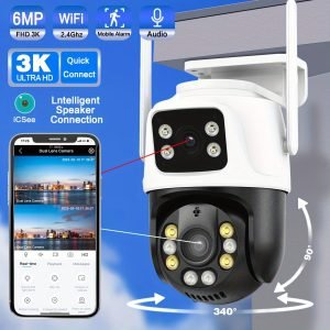 1Pc 8MP 4K WiFi Security Camera, 2 Lens 4MP Total 8MP 2.4ghz Wireless IP Camera, Video Surveillance For Home Security CCTV Monitor, AI Human Tracking, Color Night Vision, Two Way Audio, Motion Alert, Pan Tilt Rotation Onvif Function, Prevent Rainwater Dam