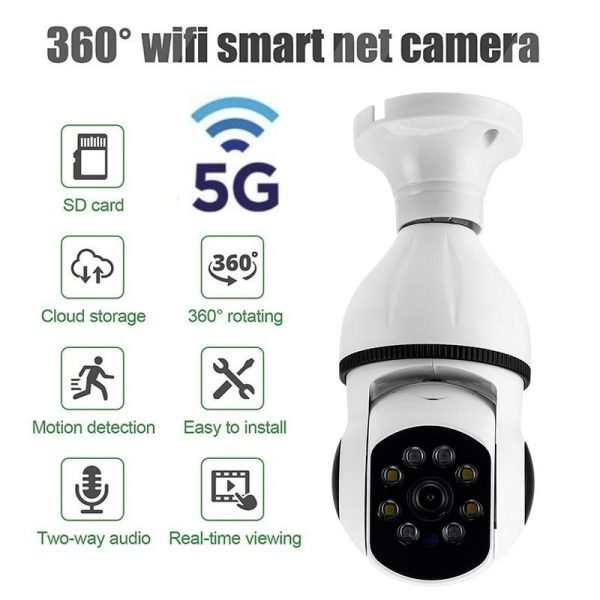 1687968647697-69c0fb79f65e434fbd073acfc8246573-goods 5G WIFI Surveillance 360° Rotate Auto Tracking Panoramic Camera Wireless E27 PTZ Camera CCTV IR Night Vision Motion Detection Two-Way Audio