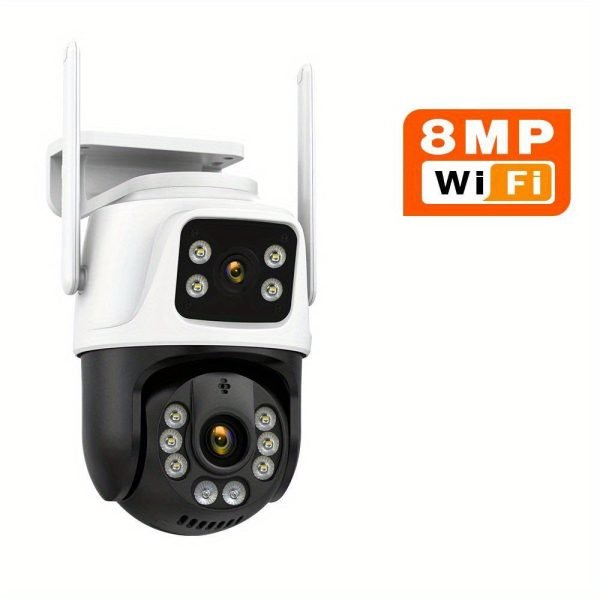 1Pc 8MP 4K WiFi Security Camera, 2 Lens 4MP Total 8MP 2.4ghz Wireless IP Camera, Video Surveillance For Home Security CCTV Monitor, AI Human Tracking, Color Night Vision, Two Way Audio, Motion Alert, Pan Tilt Rotation Onvif Function, Prevent Rainwater Dam