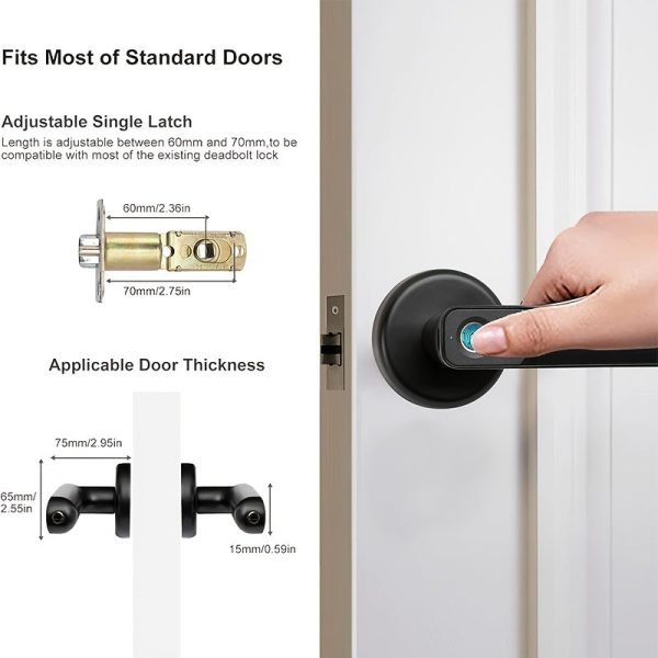 Fingerprint Door Knob, Biometric Door Knob, Passage Mode, Local Storage of Fingerprints, Zinc Alloy, Sturdy and Durable, Black-Battery not included-H01B