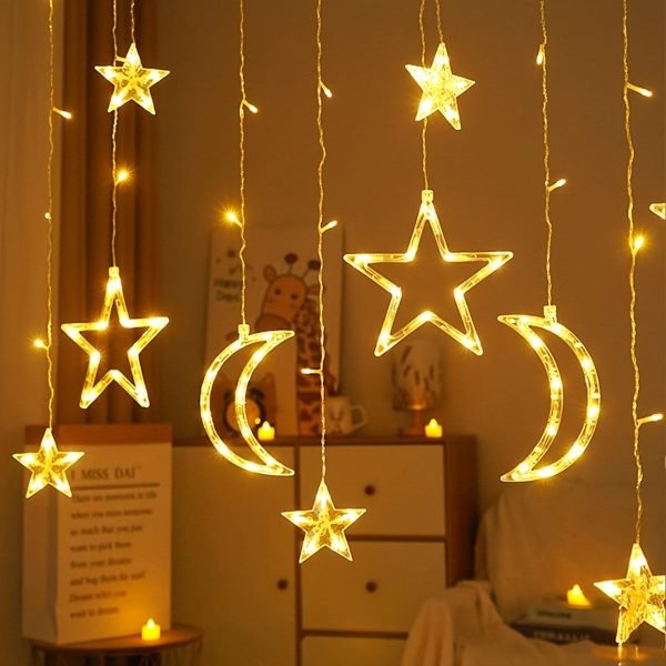 1 set of 12 pieces twinkling LED curtain string lights star and moon string star moon lights Ramadan Christmas decoration lights suitable for wedding Valentine's Day home garden bedroom outdoor indoor wall decoration