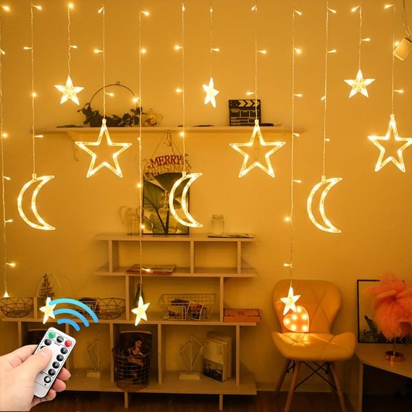 1 set of 12 pieces twinkling LED curtain string lights star and moon string star moon lights Ramadan Christmas decoration lights suitable for wedding Valentine's Day home garden bedroom outdoor indoor wall decoration