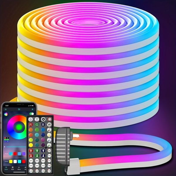 24V LED neon light 50 feet (about 1.9 meters), controlled by application/remote control, flexible LED rope light, multiple modes, outdoor RGB neon light, music synchronization game LED neon light strip suitable for bedrooms and indoor environments