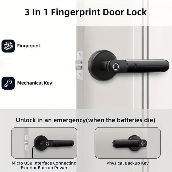 Fingerprint Door Knob, Biometric Door Knob, Passage Mode, Local Storage of Fingerprints, Zinc Alloy, Sturdy and Durable, Black-Battery not included-H01B
