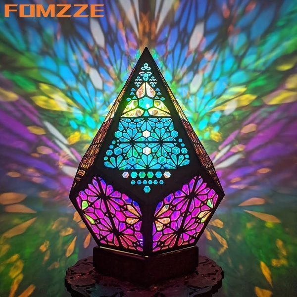 Wooden Bohemian Floor Lamp, USB Charging Hollow Geometric Colorful Lamp Retro Bohemian Light Lamp, LED Colorful Diamond Lights 3D Projection Night Lamp Desk Lamp Home Decor