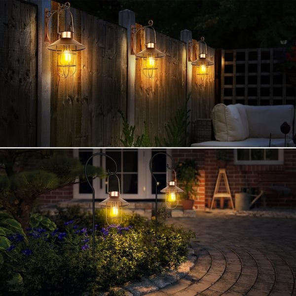 Outdoor Lanterns With Solar Power, Hanging Solar Lights Outdoors, Metal Waterproof Solar Lights With Warm White Edison Bulbs For Fence/garden/yard/porch Decoration