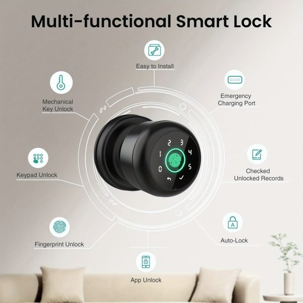 GHome Smart Fingerprint Door Lock with Keypad Door Knob, Biometric Door Smart Lock & App Control, Suitable for wooden or steel doors from 3.5-5.5 cm/ 1.38-2.17 inch, Interior Door Knob with Key Great for Bedroom, Apartments, Offices and Hotels, Uses 4 AAA
