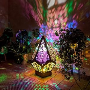 Wooden Bohemian Floor Lamp, USB Charging Hollow Geometric Colorful Lamp Retro Bohemian Light Lamp, LED Colorful Diamond Lights 3D Projection Night Lamp Desk Lamp Home Decor