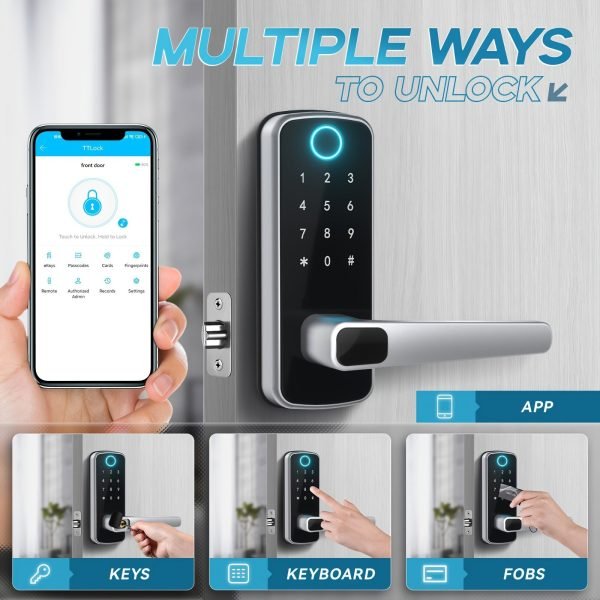 Smart Door Lock, Keyless Entry Door Lock Fingerprint Door Lock With Keypad Digital Door Lock With Handle For Home, Rental, Office And Hotel (Silvery)