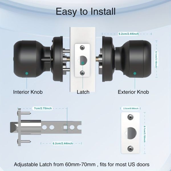 GHome Smart Fingerprint Door Lock with Keypad Door Knob, Biometric Door Smart Lock & App Control, Suitable for wooden or steel doors from 3.5-5.5 cm/ 1.38-2.17 inch, Interior Door Knob with Key Great for Bedroom, Apartments, Offices and Hotels, Uses 4 AAA