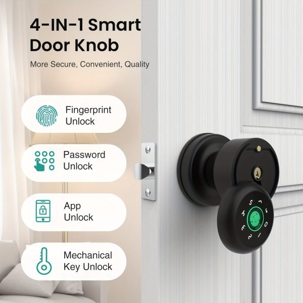 GHome Smart Fingerprint Door Lock with Keypad Door Knob, Biometric Door Smart Lock & App Control, Suitable for wooden or steel doors from 3.5-5.5 cm/ 1.38-2.17 inch, Interior Door Knob with Key Great for Bedroom, Apartments, Offices and Hotels, Uses 4 AAA