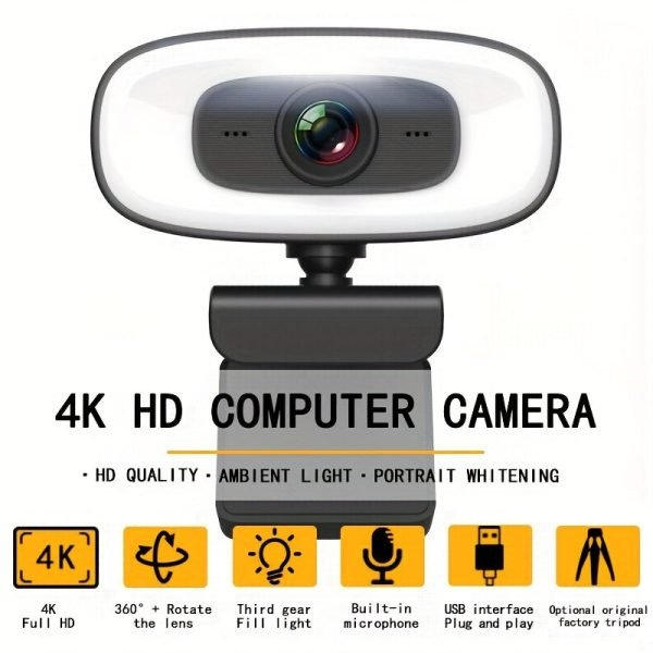 4K HD Computer Webcam, Plug And Play, No Driver Required USB Interface Webcam, Built-in Microphone, Webcast Fill Light, Voice Call Conference Camera, Work Camera, Laptop External Webcam