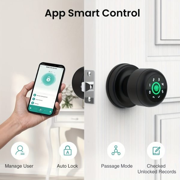 GHome Smart Fingerprint Door Lock with Keypad Door Knob, Biometric Door Smart Lock & App Control, Suitable for wooden or steel doors from 3.5-5.5 cm/ 1.38-2.17 inch, Interior Door Knob with Key Great for Bedroom, Apartments, Offices and Hotels, Uses 4 AAA